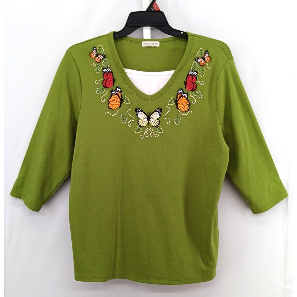 Margaux & Lexi Shirt Women Plus Size 2XL Green Embroidered Butterflies V Neck